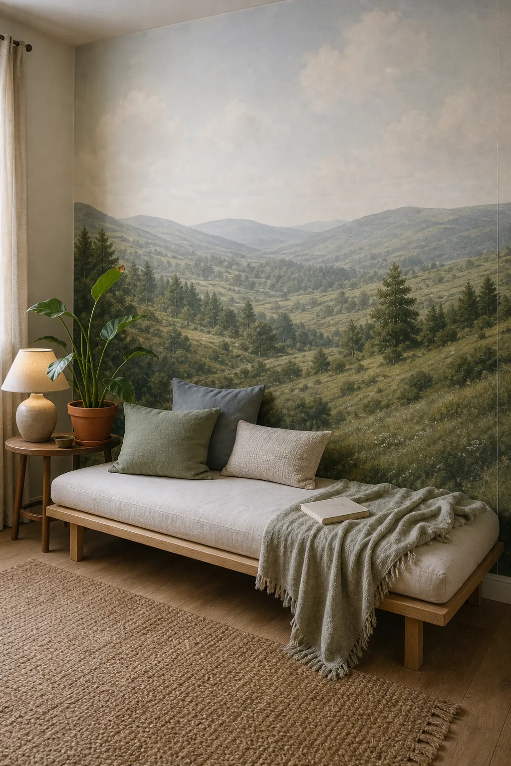 Scenic landscape mural styled with low furniture and repeated muted colors for an open room feeling