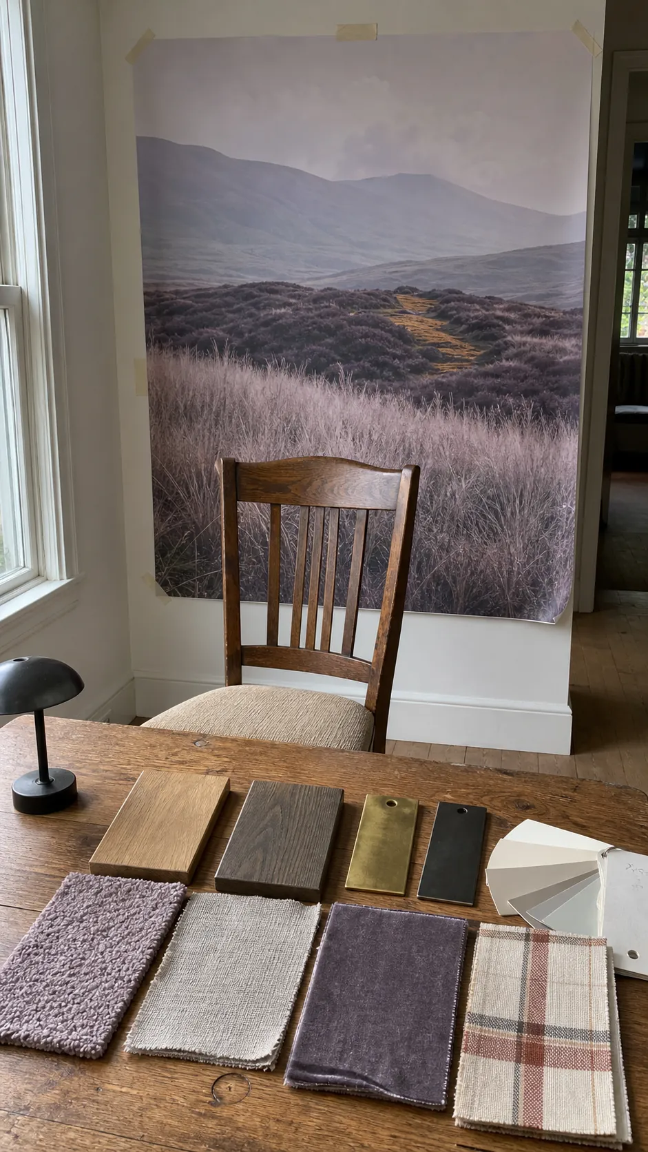 Dining chair fabric and wood samples coordinated with a scenic mural palette