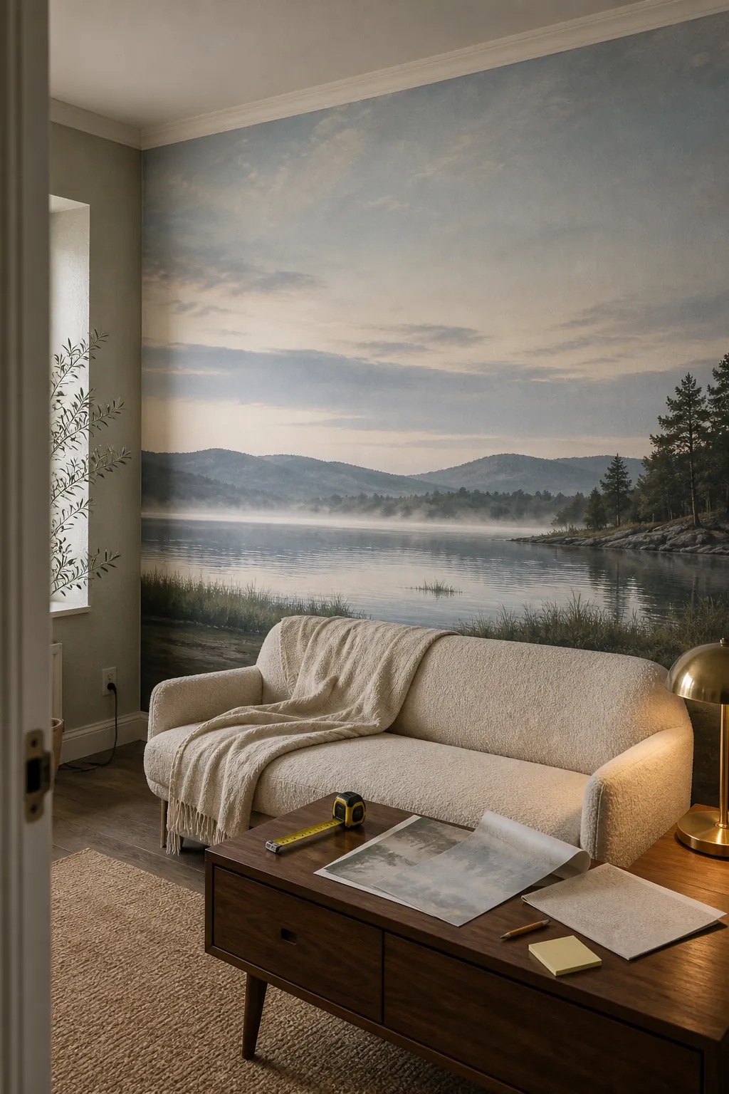 Scenic wallpaper mural with a calm horizon line positioned above low furniture for a deeper room effect