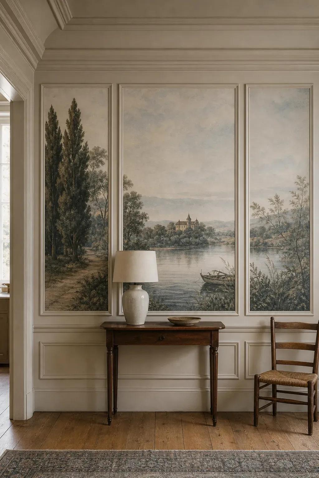 Scenic wallpaper panels aligned inside original picture molding