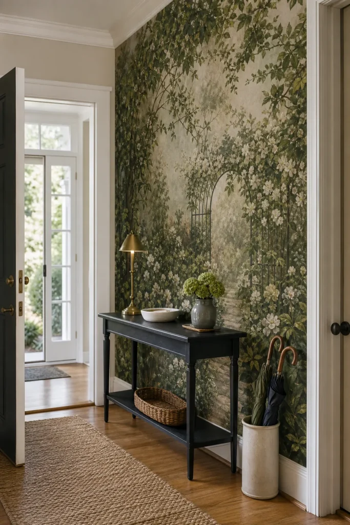 Secret garden mural wallpaper creating an instantly charming entryway hero wall