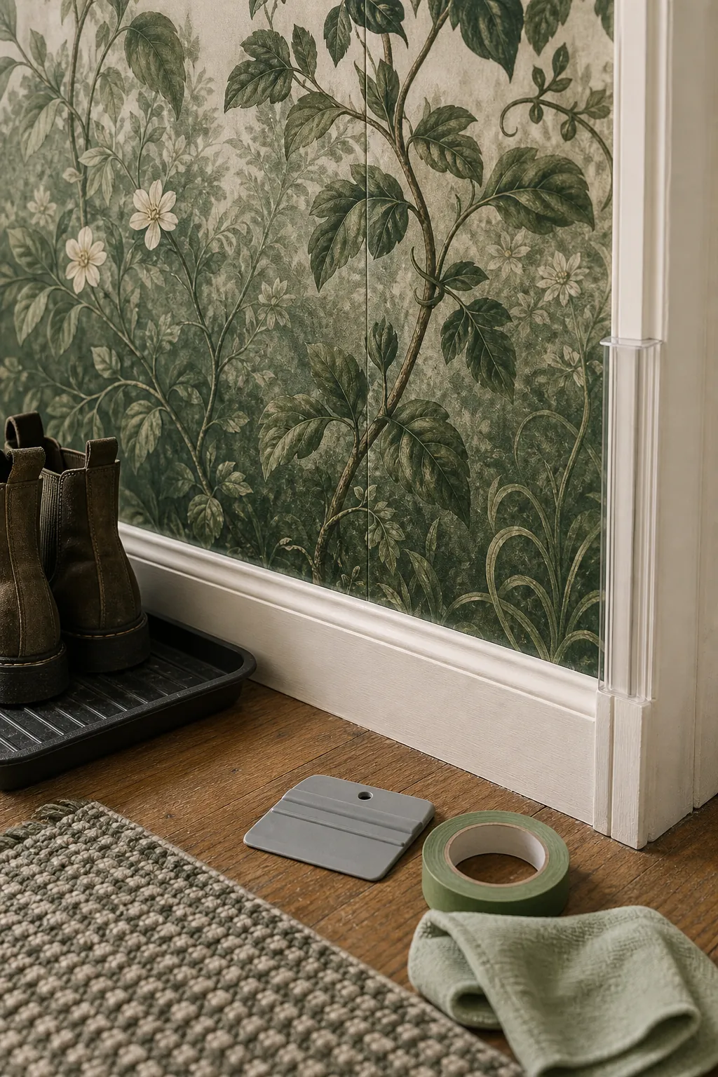 Secret garden wallpaper entryway detail showing durable edge near baseboard and runner