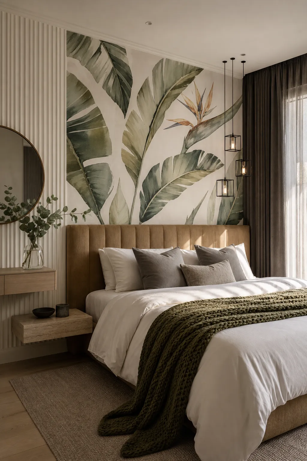 Serene bedroom with softly colored banana-leaf wallpaper