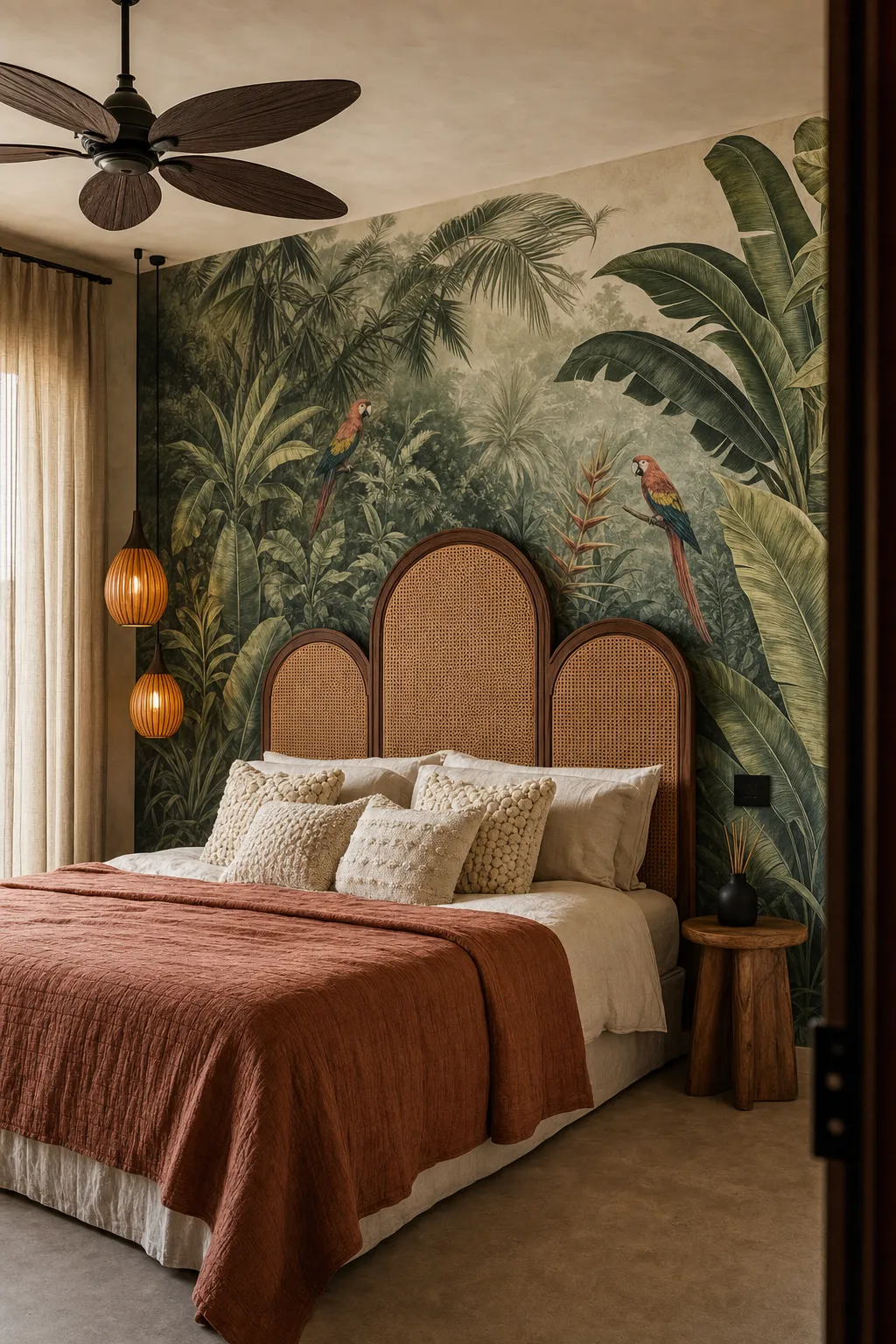 Serene botanical mural bedroom warmed with natural rattan furniture