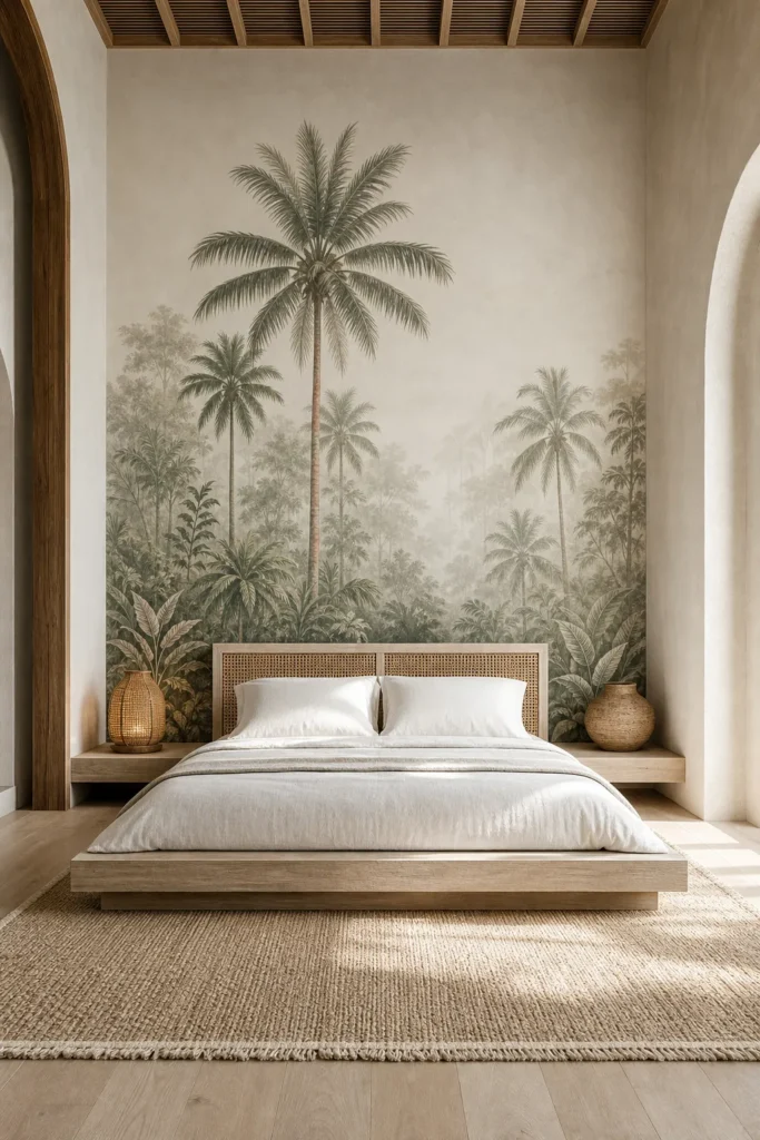 Calm bedroom with a softly misted palm-tree mural