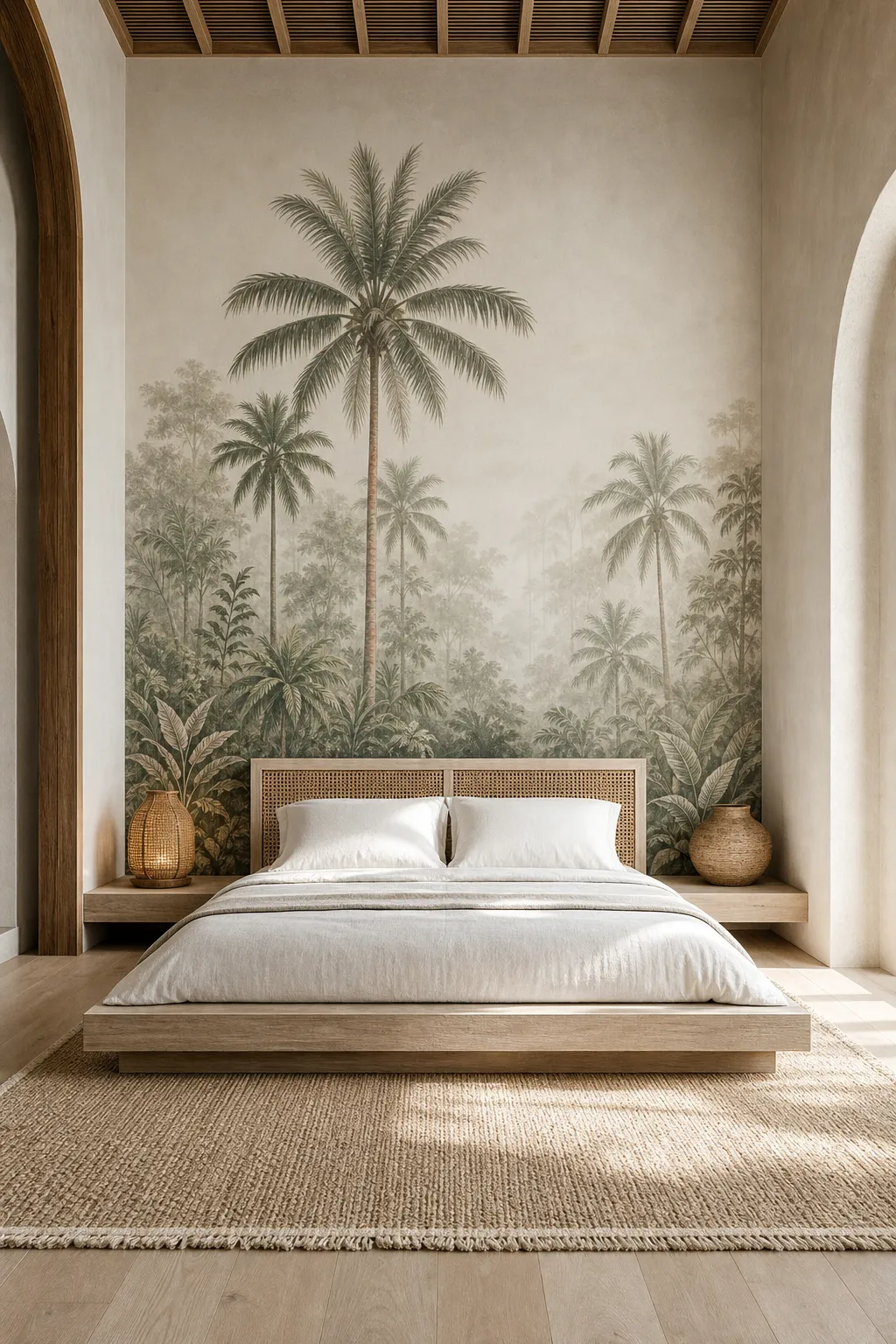 Calm bedroom with a softly misted palm-tree mural