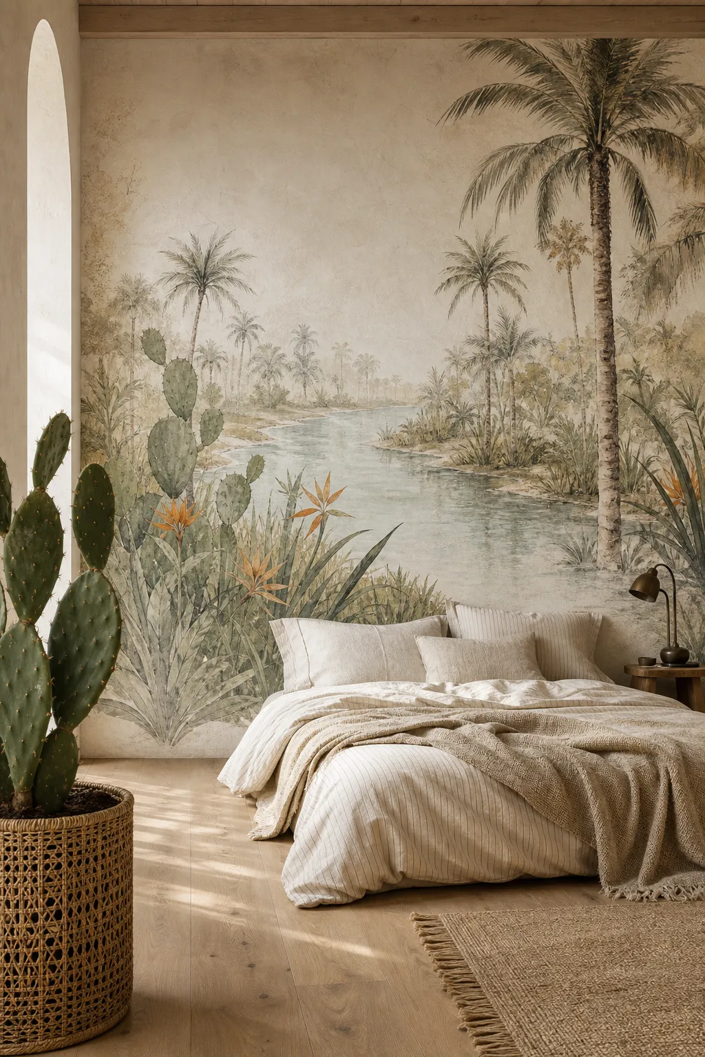 Peaceful bedroom centered around a lush tropical oasis wall mural