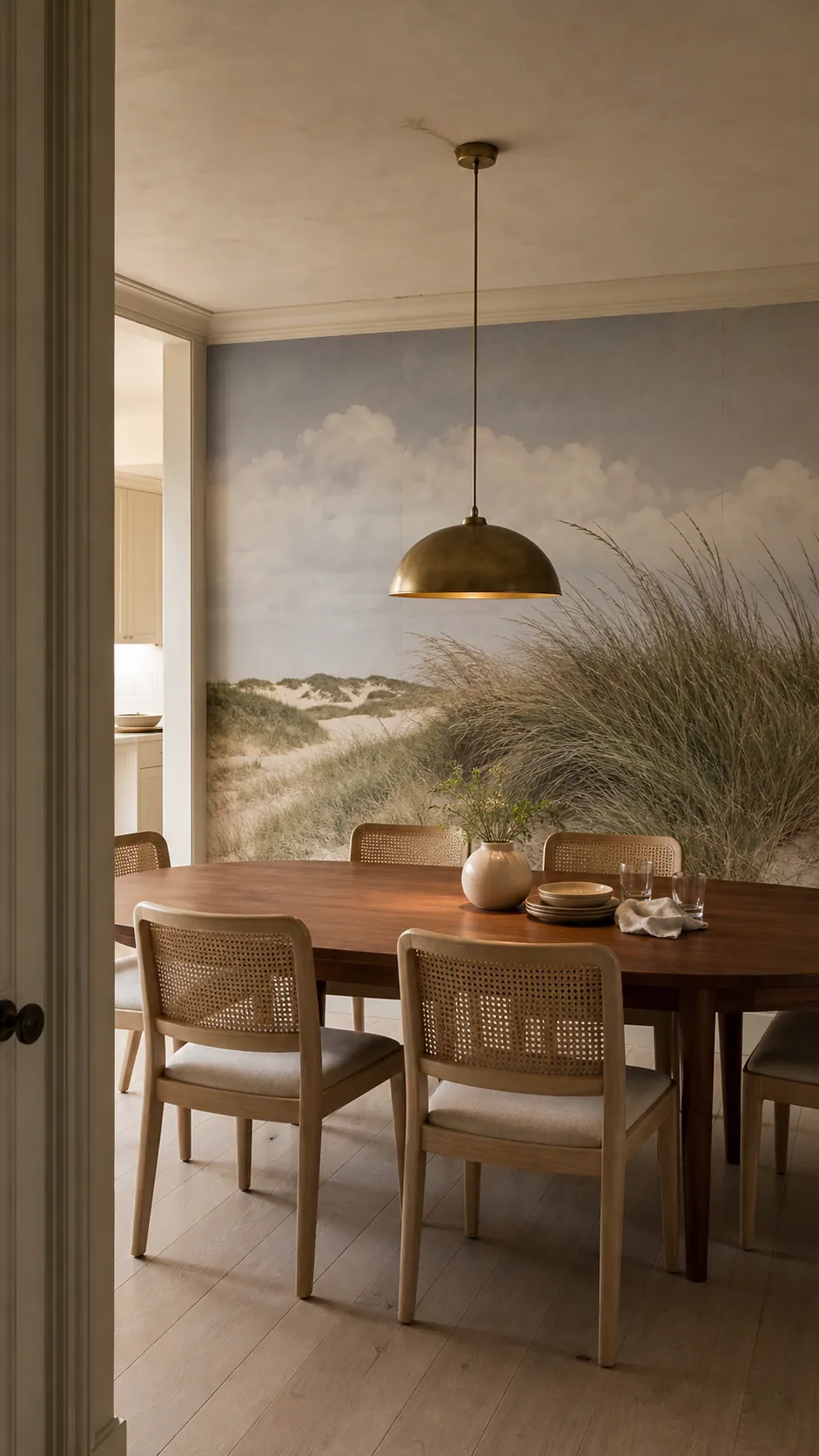 Simple dining pendant anchoring a table in front of a scenic mural