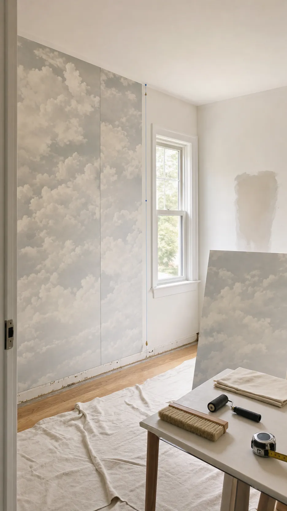 Cloud mural crop proof and wall preparation before installation
