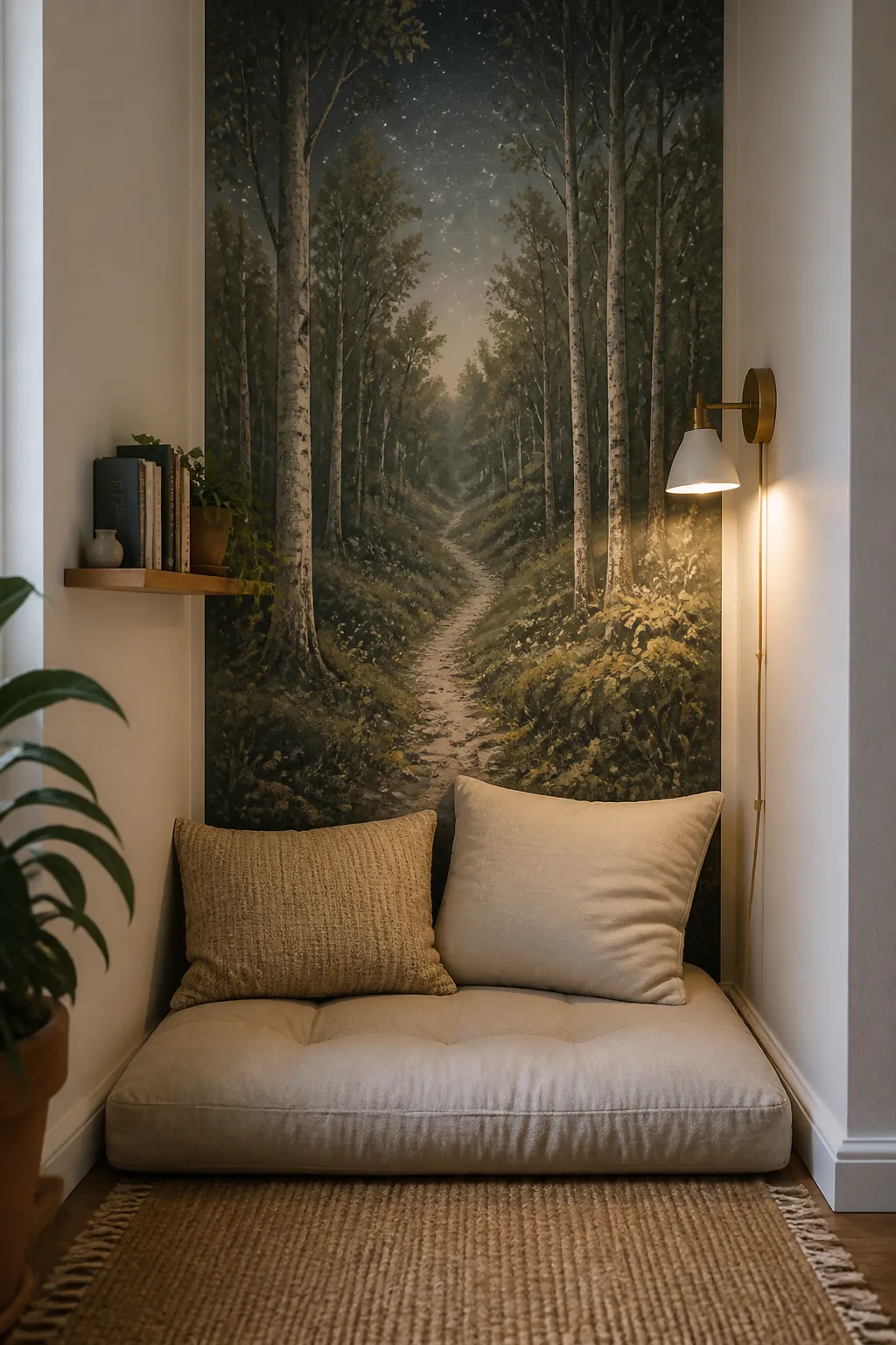 Small apartment floor cushion book nook with a narrow enchanted forest mural panel and reading sconce.