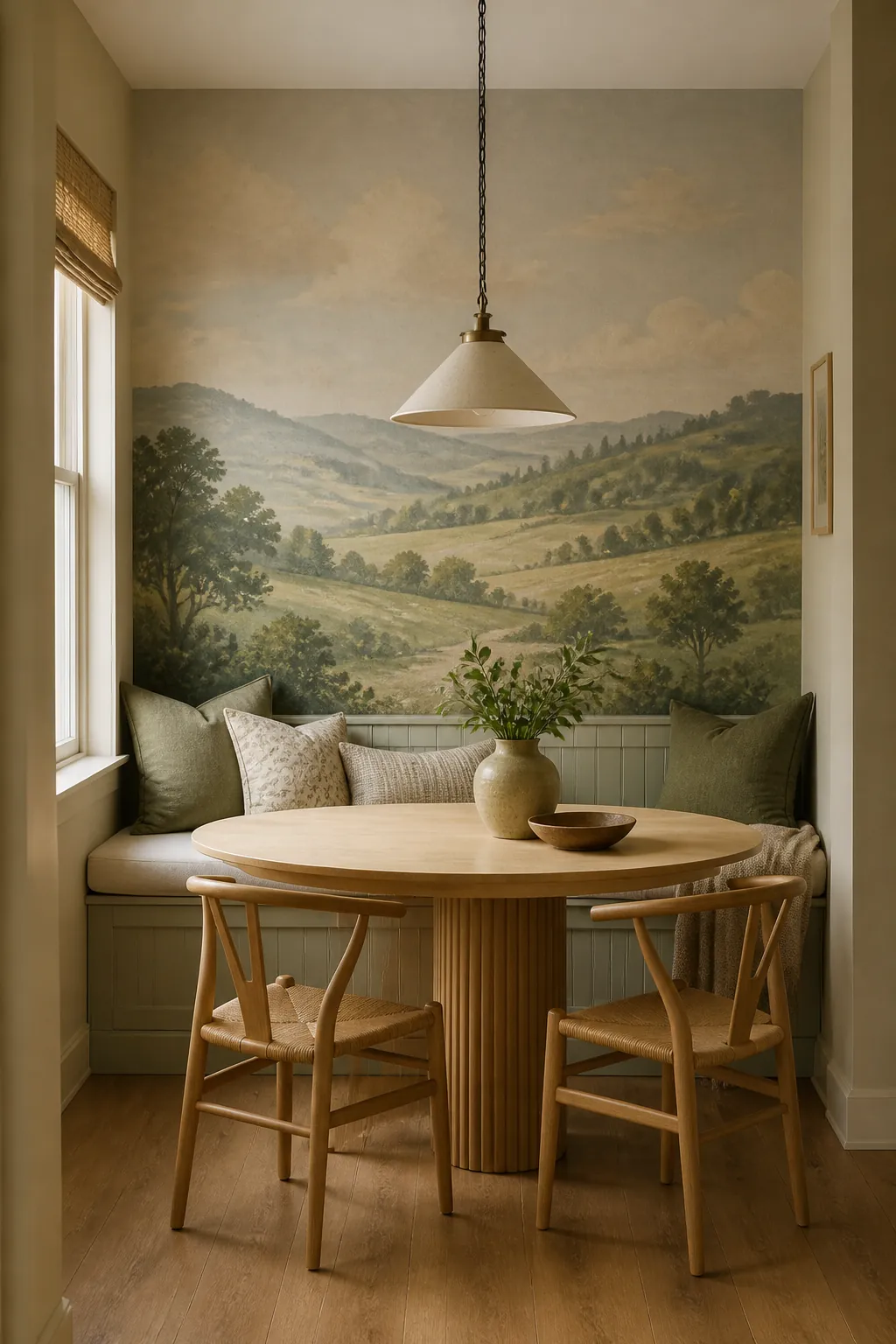 Small dining nook with rolling hills mural wallpaper adding depth