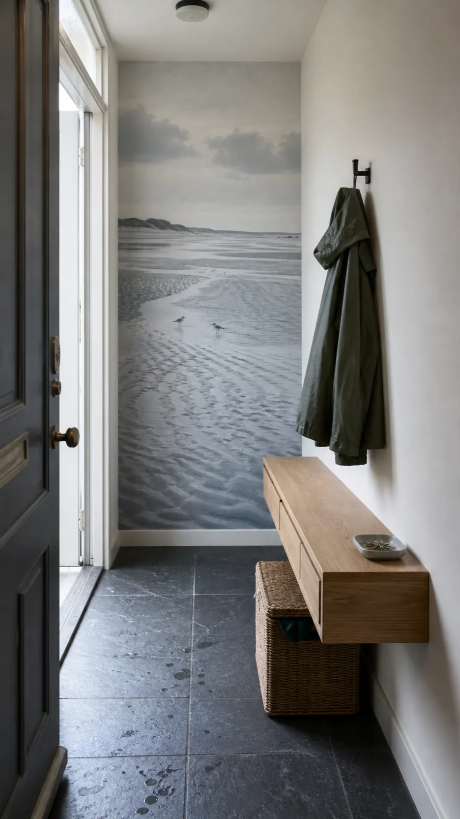 Small entry with beach mural clear circulation and protected negative space