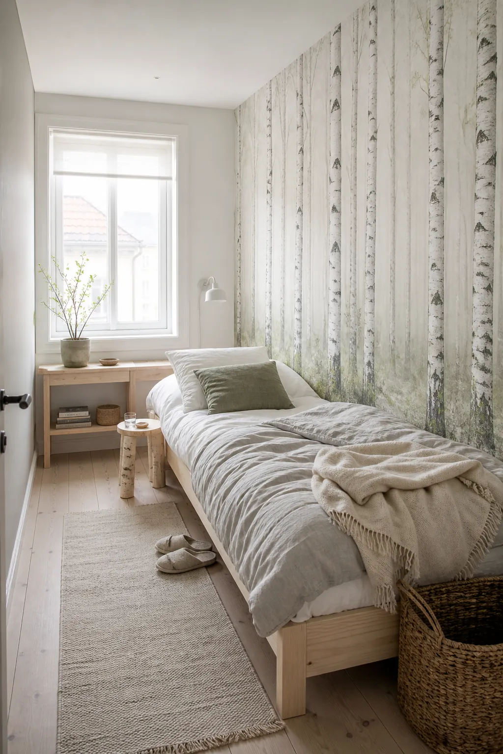 Small Scandinavian bedroom with a sparse vertical white birch wallpaper mural and low space-saving furniture.