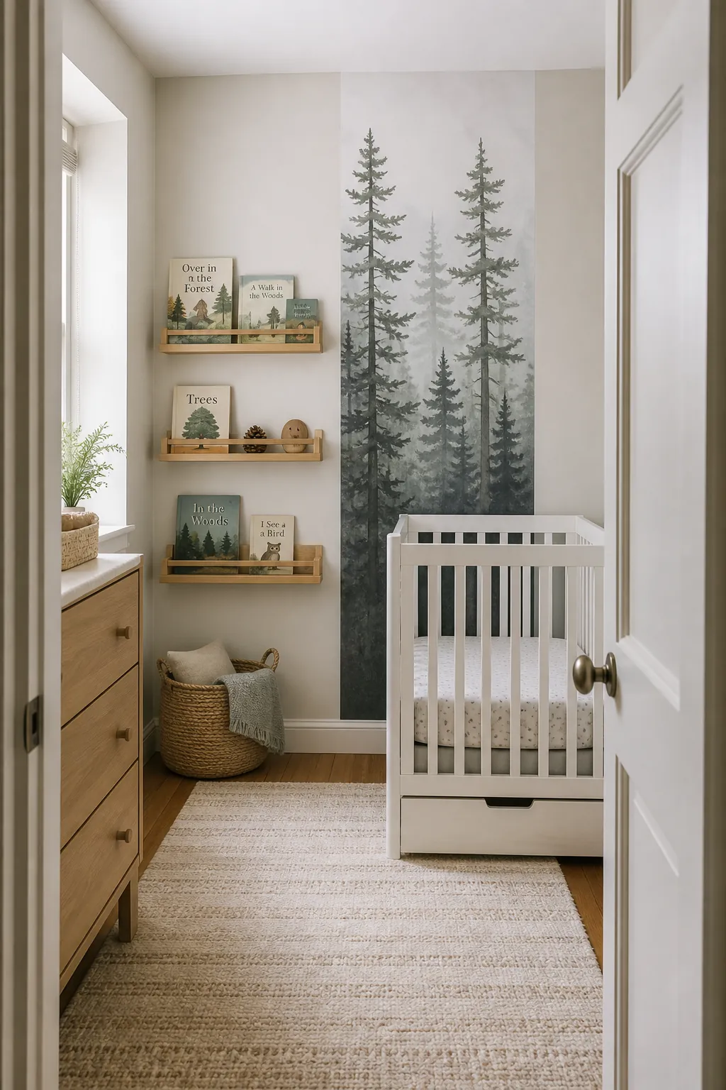 Small space woodland nursery with mini crib vertical storage and forest mural panel