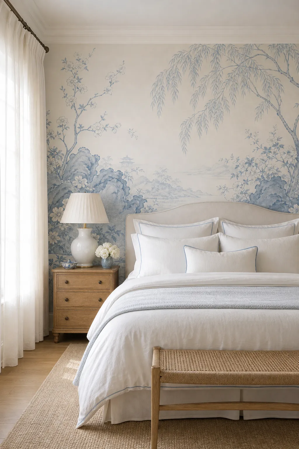 Soft blue scenic mural wallpaper in a fresh traditional bedroom with pale bedding and cane bench