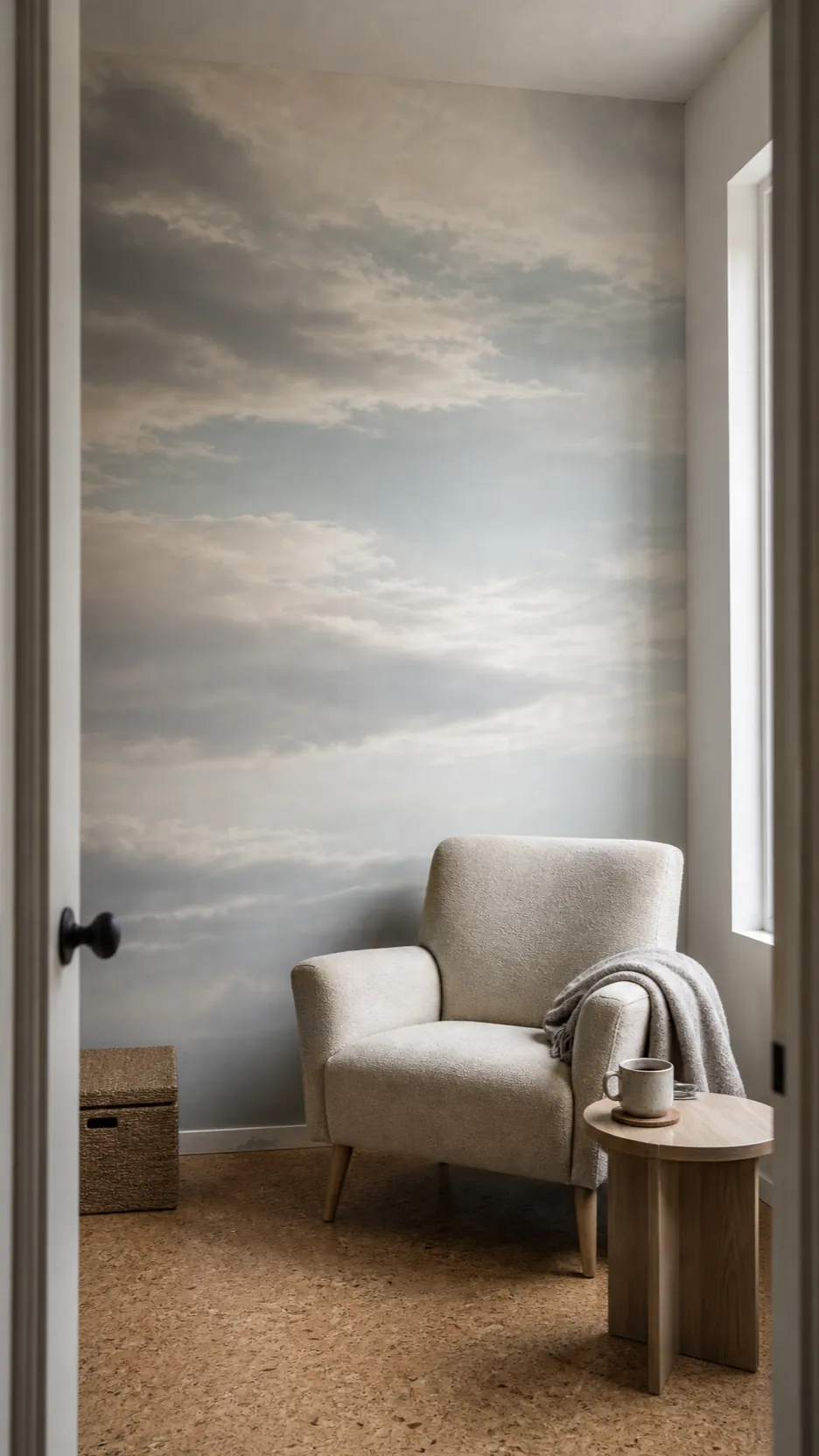 Low contrast soft cloud mural in a calm neutral room