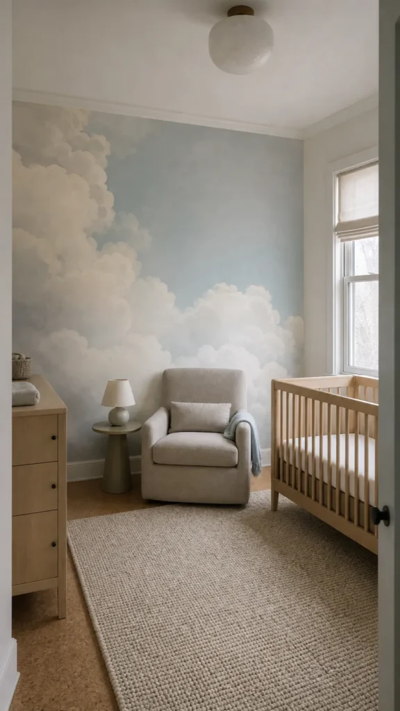 Soft cloud wallpaper mural creating a calm neutral nursery