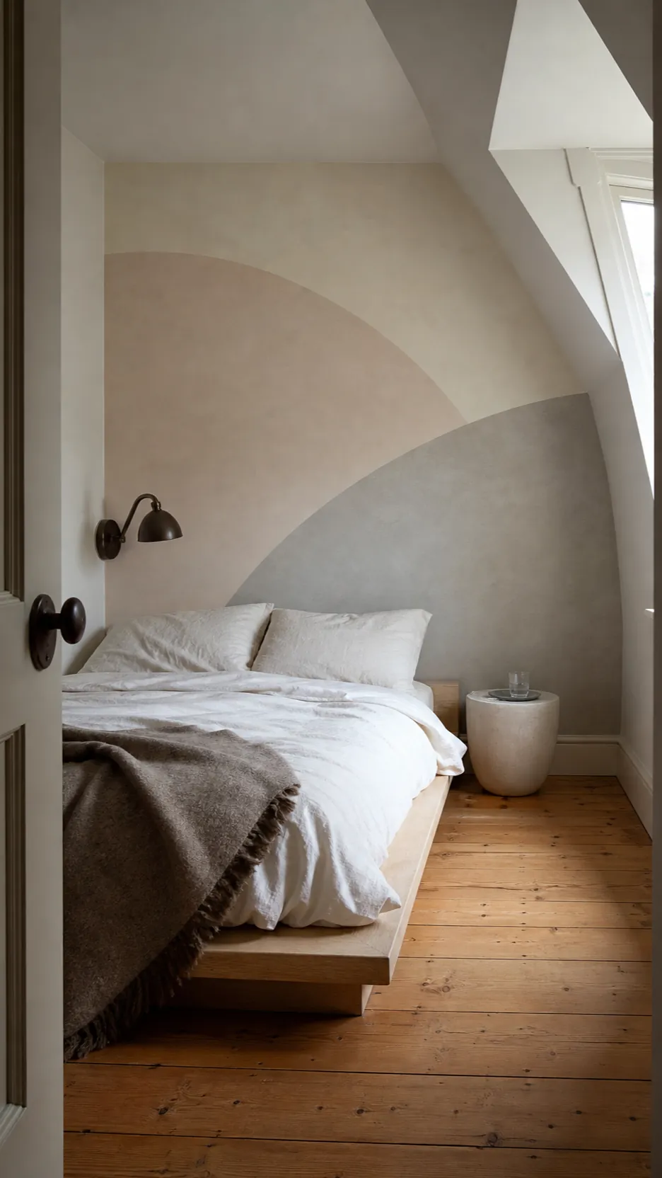 Soft neutral abstract wall mural with broad curves in a restful bedroom