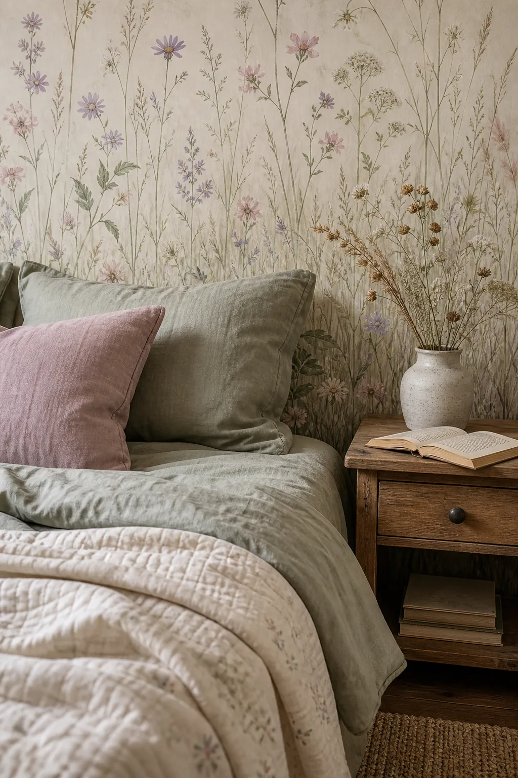Soft floral wallpaper mural bedroom palette with bedding and cottage textures