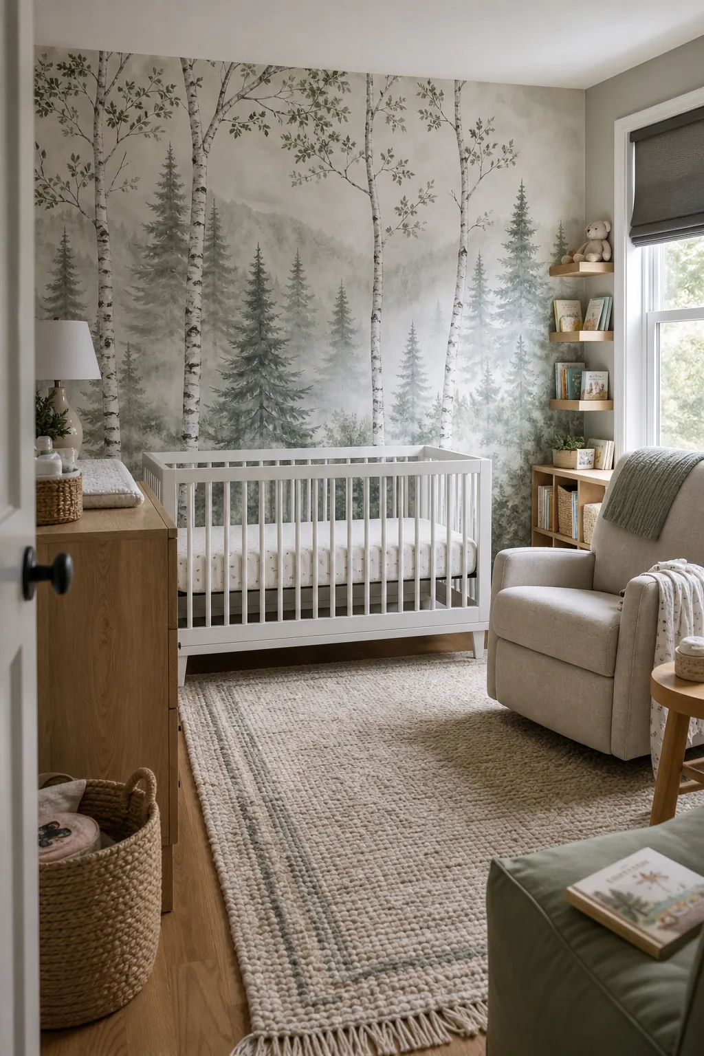 Woodland nursery with a soft forest mural behind a safe empty crib
