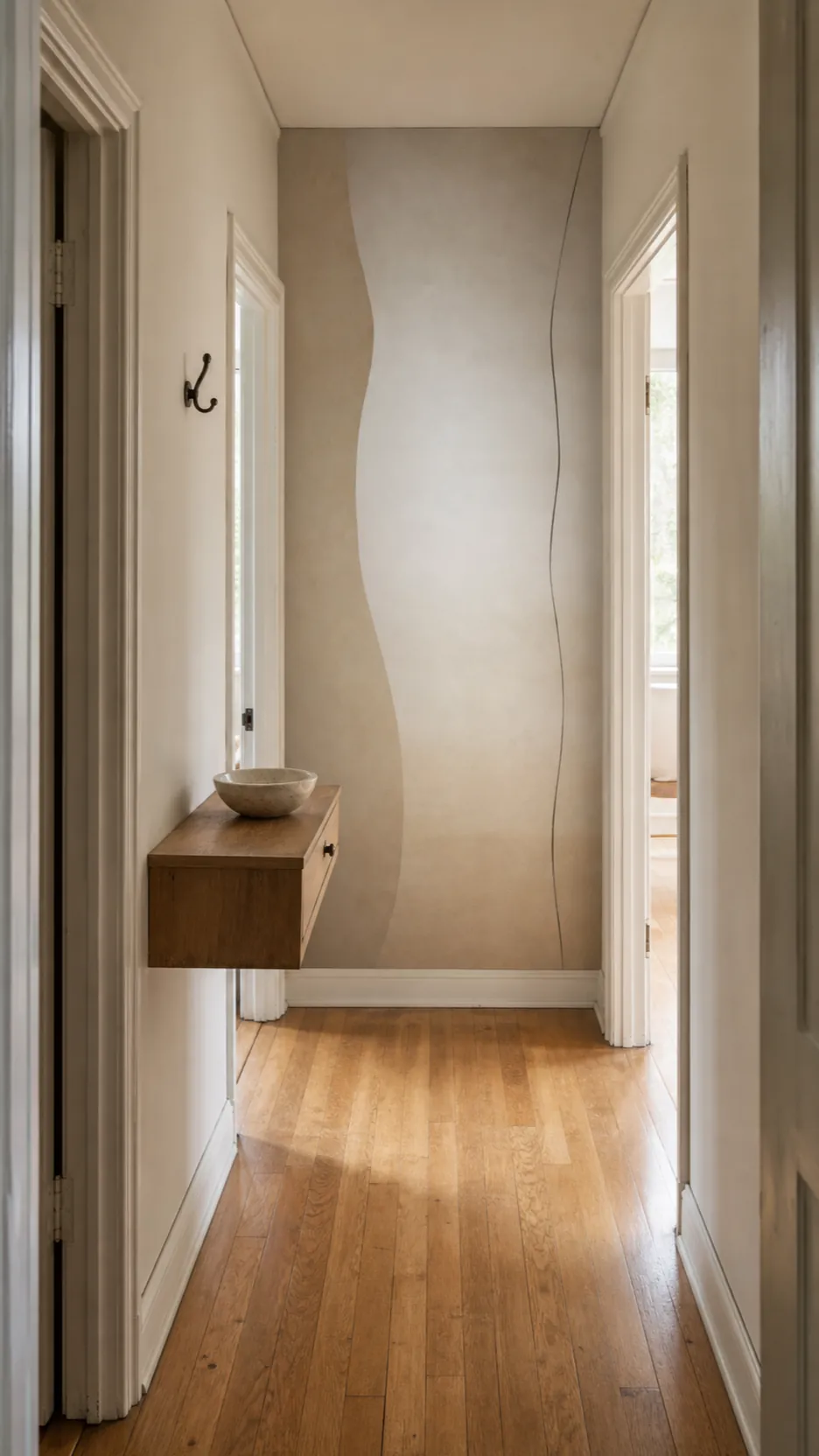Soft gradient neutral abstract mural adding depth to a narrow hallway