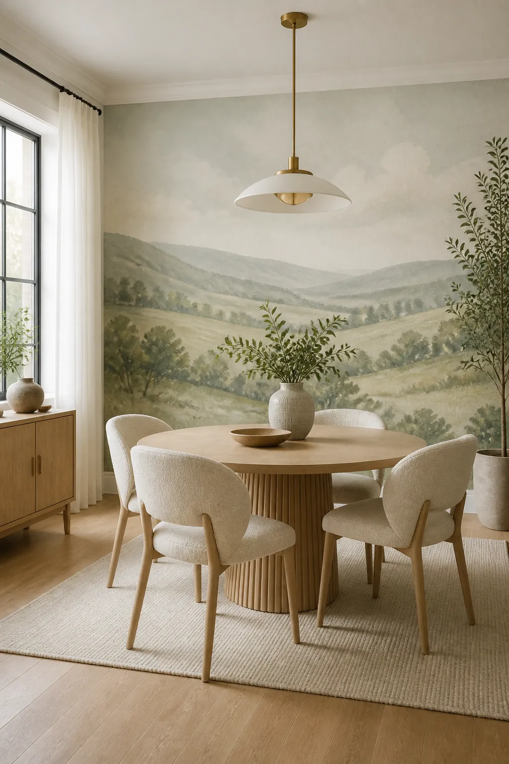 Soft landscape dining room wallpaper in an airy modern dining space