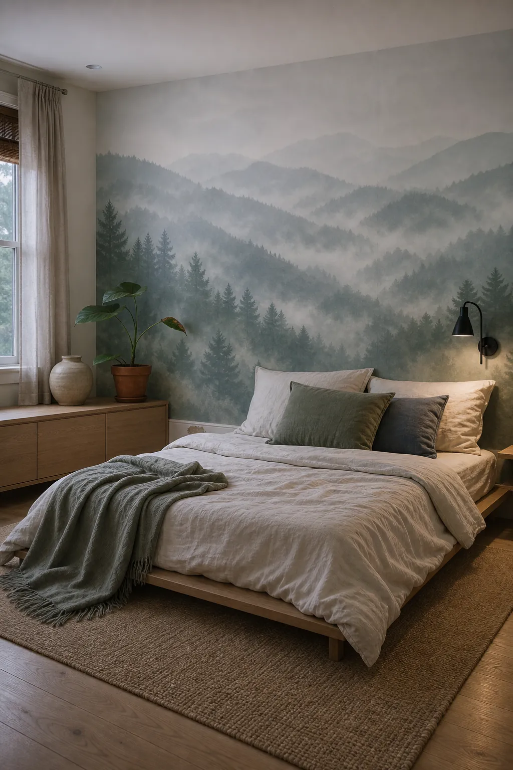 Soft landscape mural bedroom styled with low furniture simple bedding and quiet natural textures
