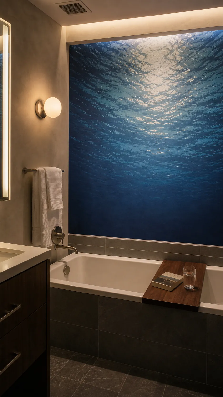 Soft layered lighting across an ocean wallpaper mural in a spa bathroom