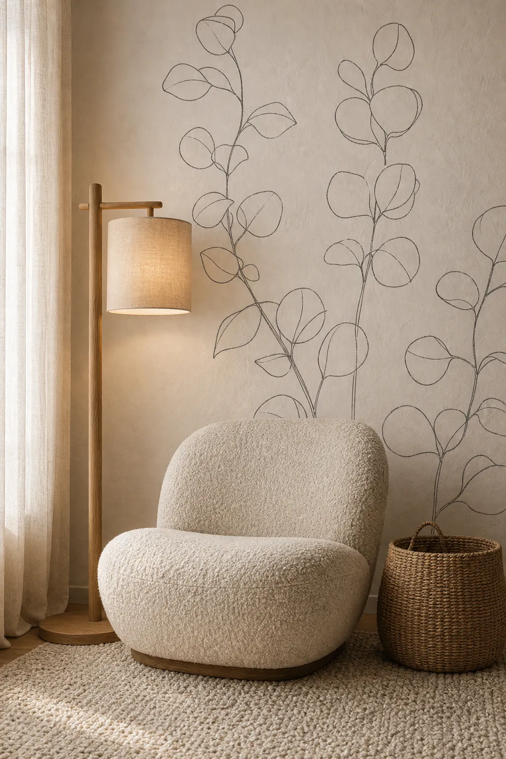 Soft modern mural in a minimal reading corner with line drawing leaves and woven textures