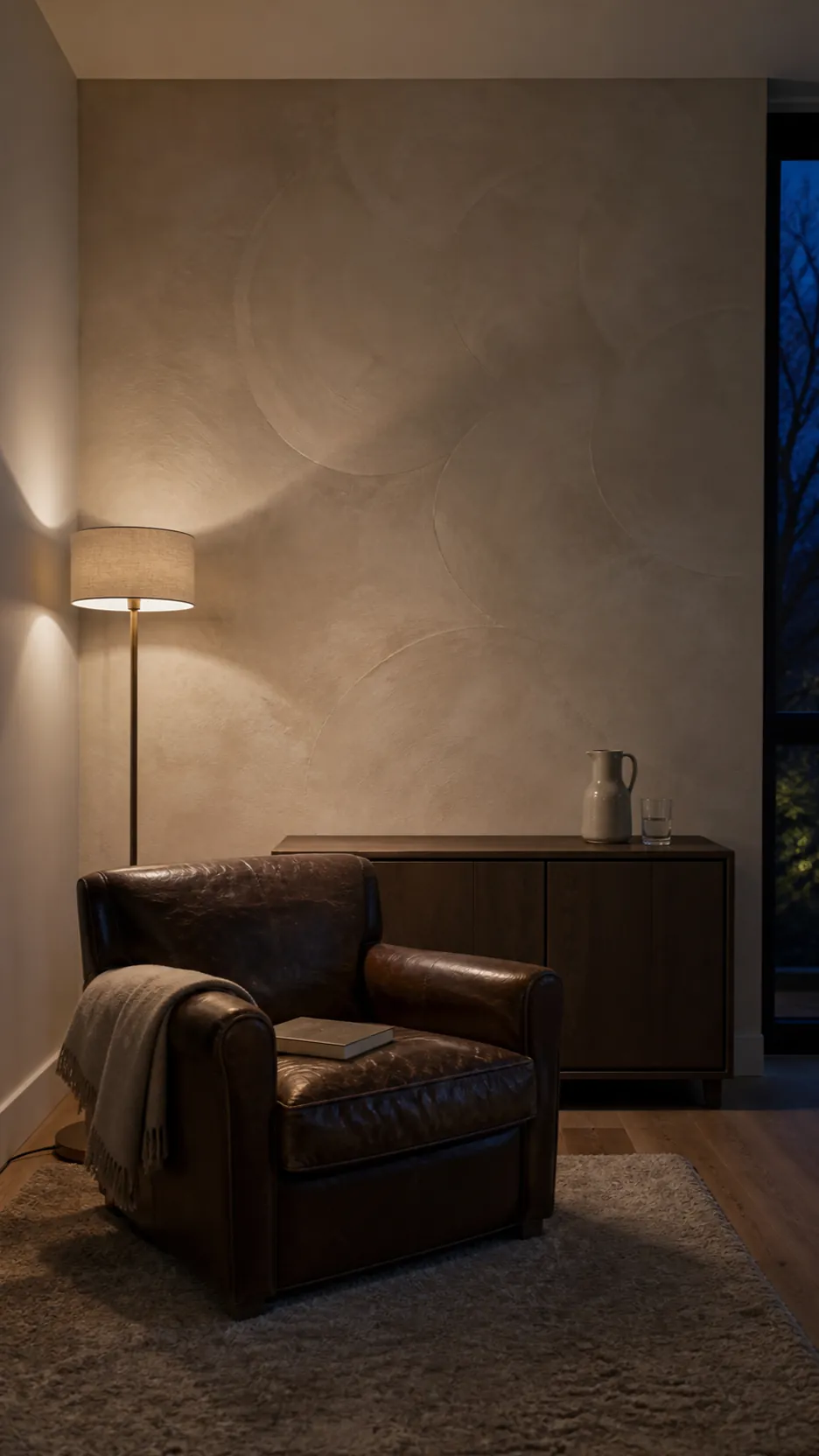 Soft texture wallpaper in a grounded minimal room at evening