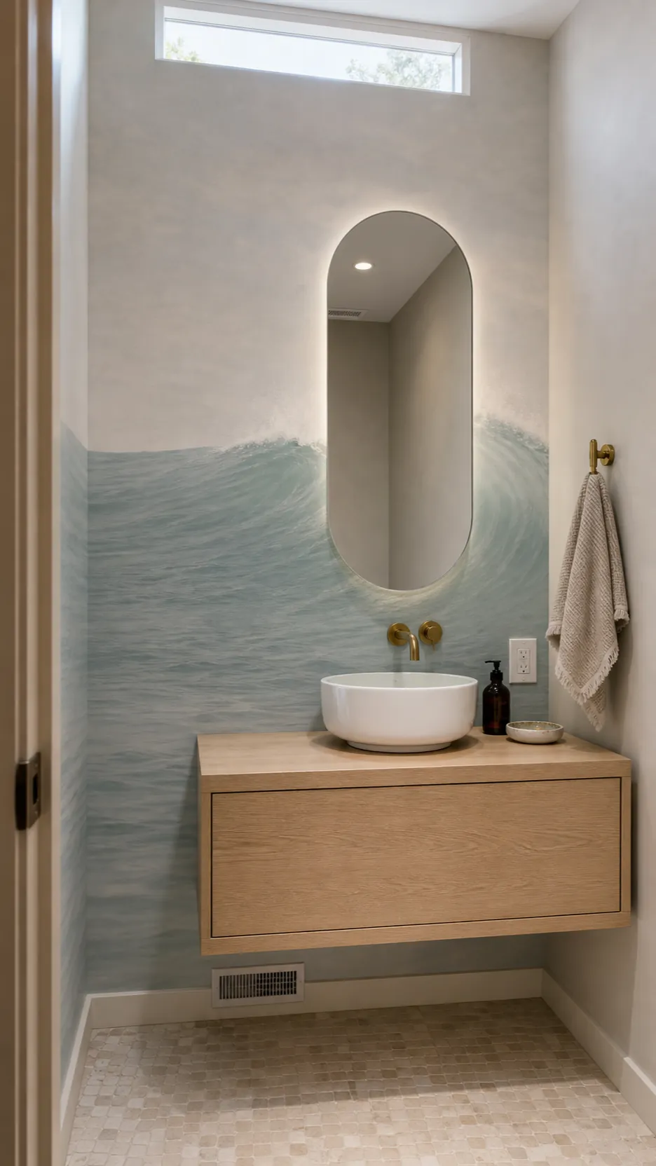 Soft blue wave wallpaper mural scaled for a small spa bathroom