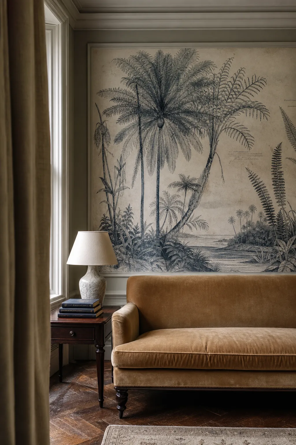 Sophisticated tropical mural styled as a muted botanical engraving