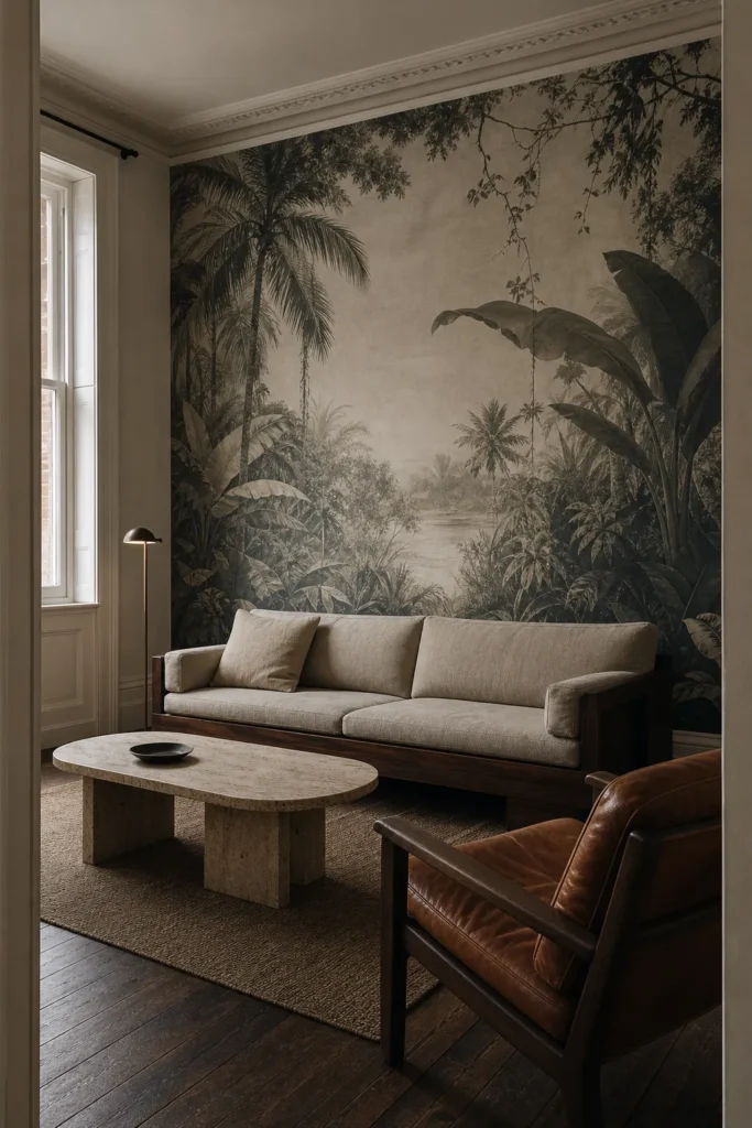 Sophisticated tropical mural in a refined modern living room