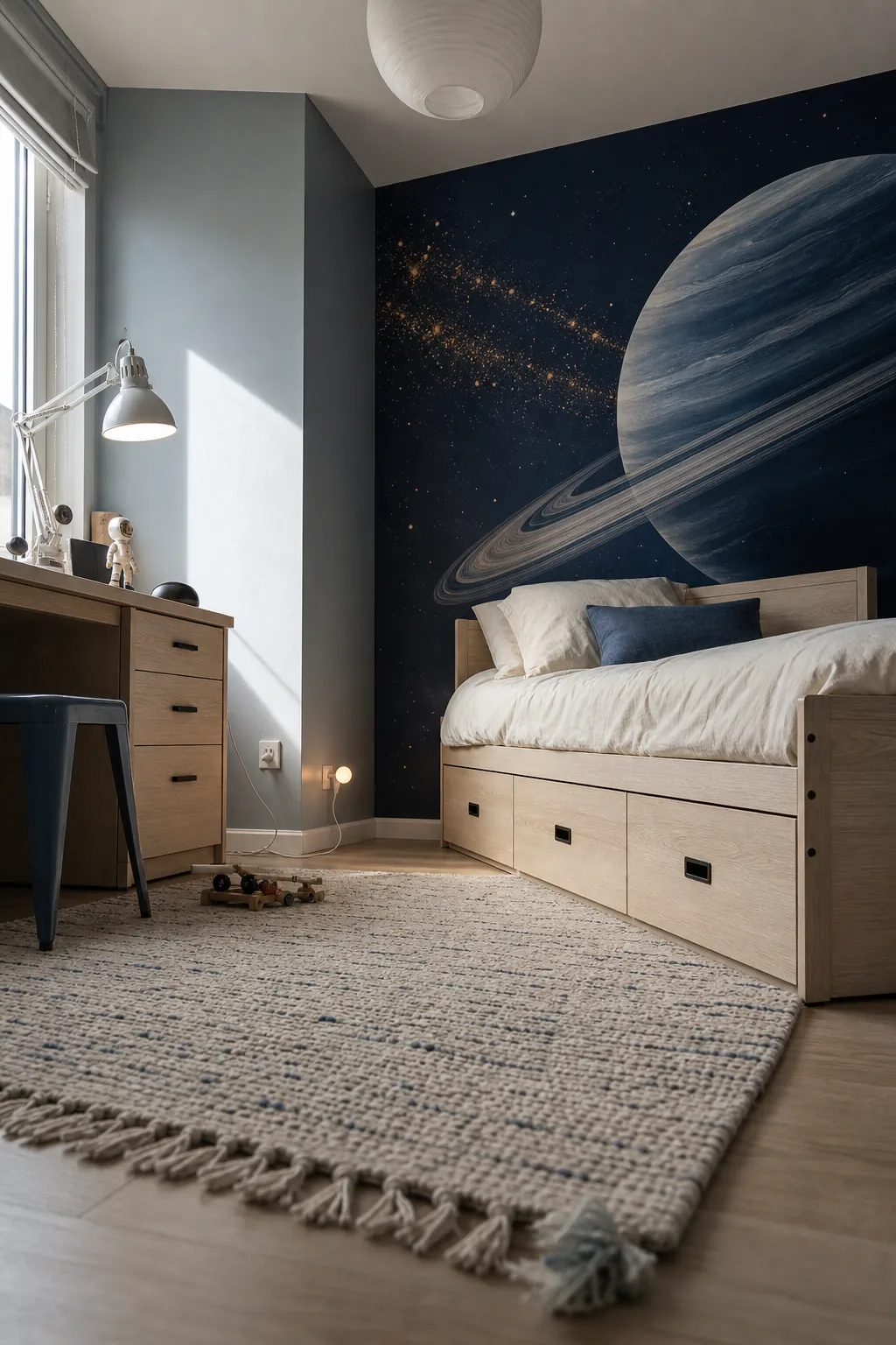 Bright kids room balanced around one bold space feature wall