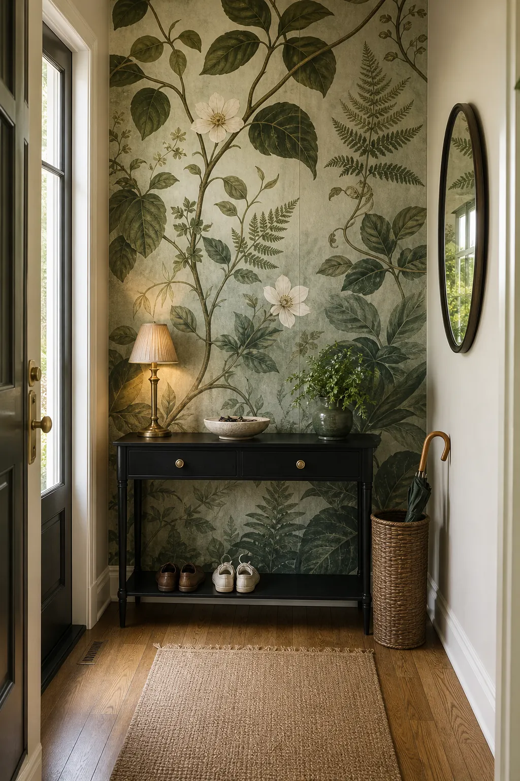 Statement botanical wall mural in an entryway with simple furniture and charm