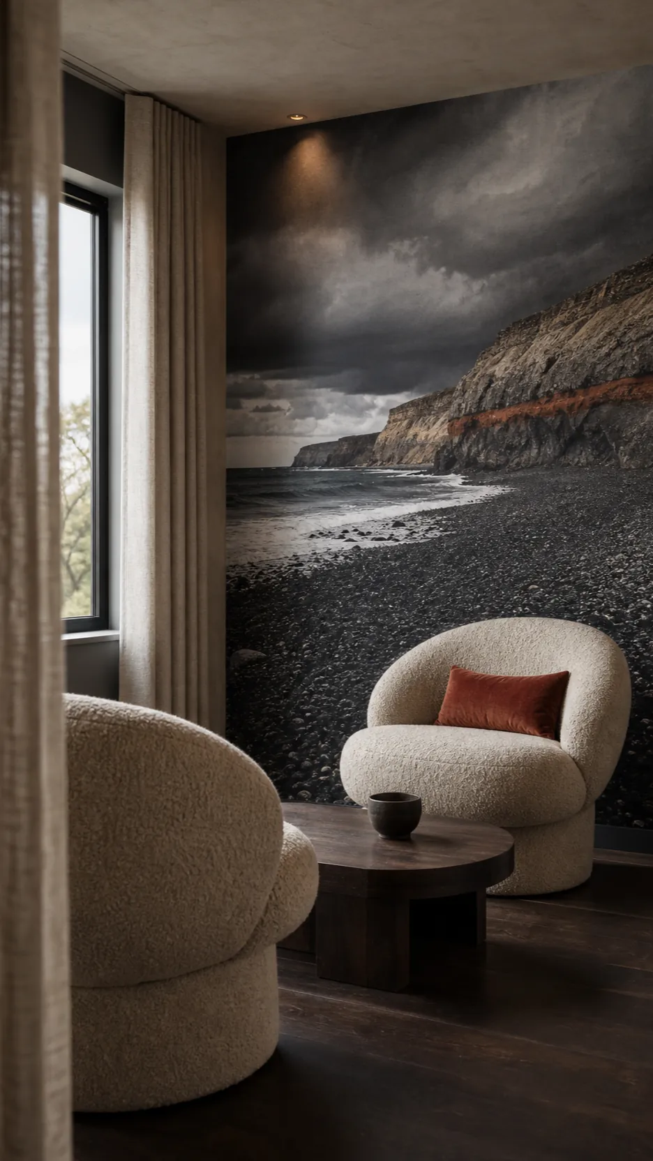 Storm coast mural paired with a restrained gray tan and rust interior palette