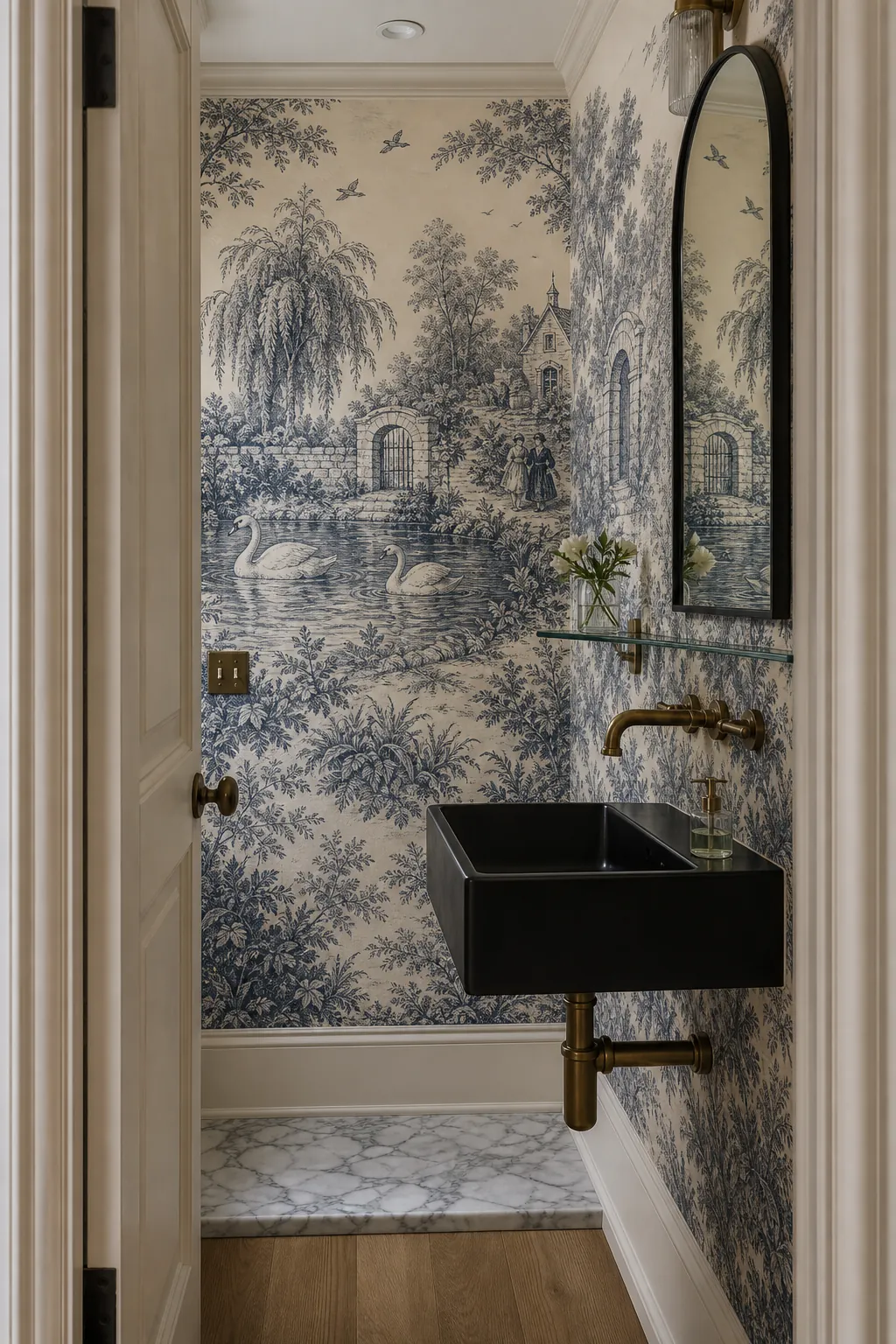 Storybook toile mural focal wall planned around the sink and mirror