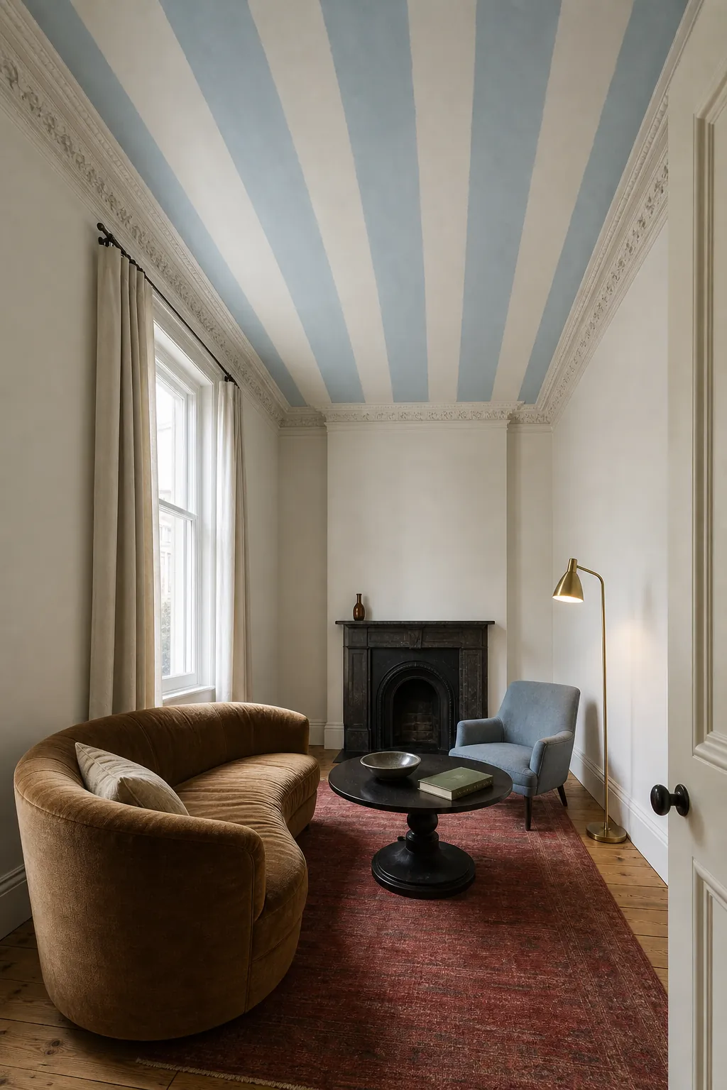 Tall living room with subtle striped wallpaper across the ceiling and plain walls