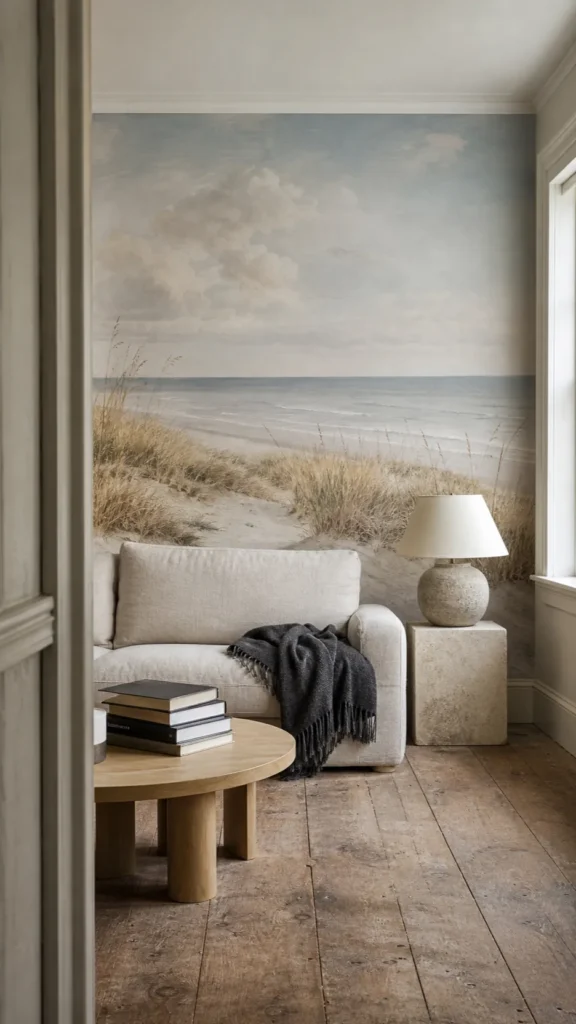 Sophisticated beach mural living room styled without seashell clutter