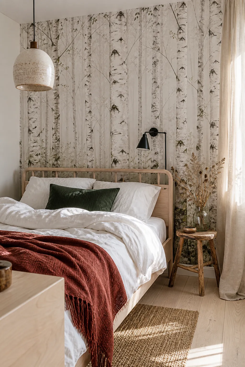 Styled Scandinavian bedroom with a white birch forest wallpaper mural, warm accents, and natural textures.