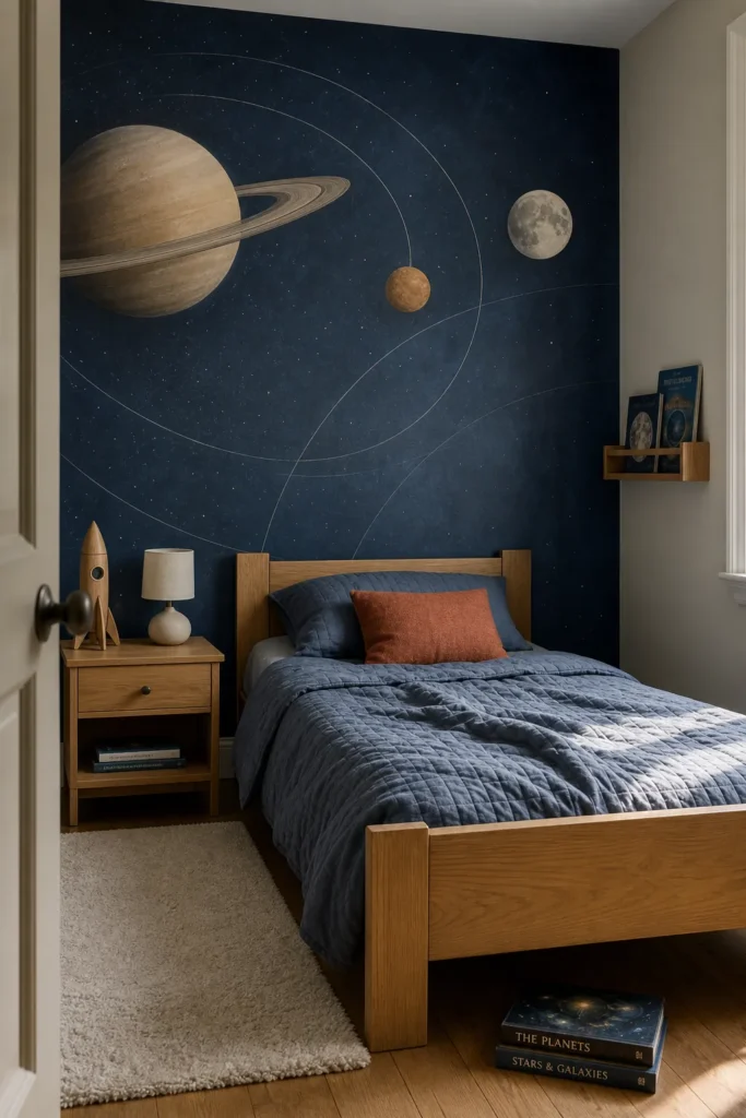 Stylish kids room with a sophisticated space wallpaper mural