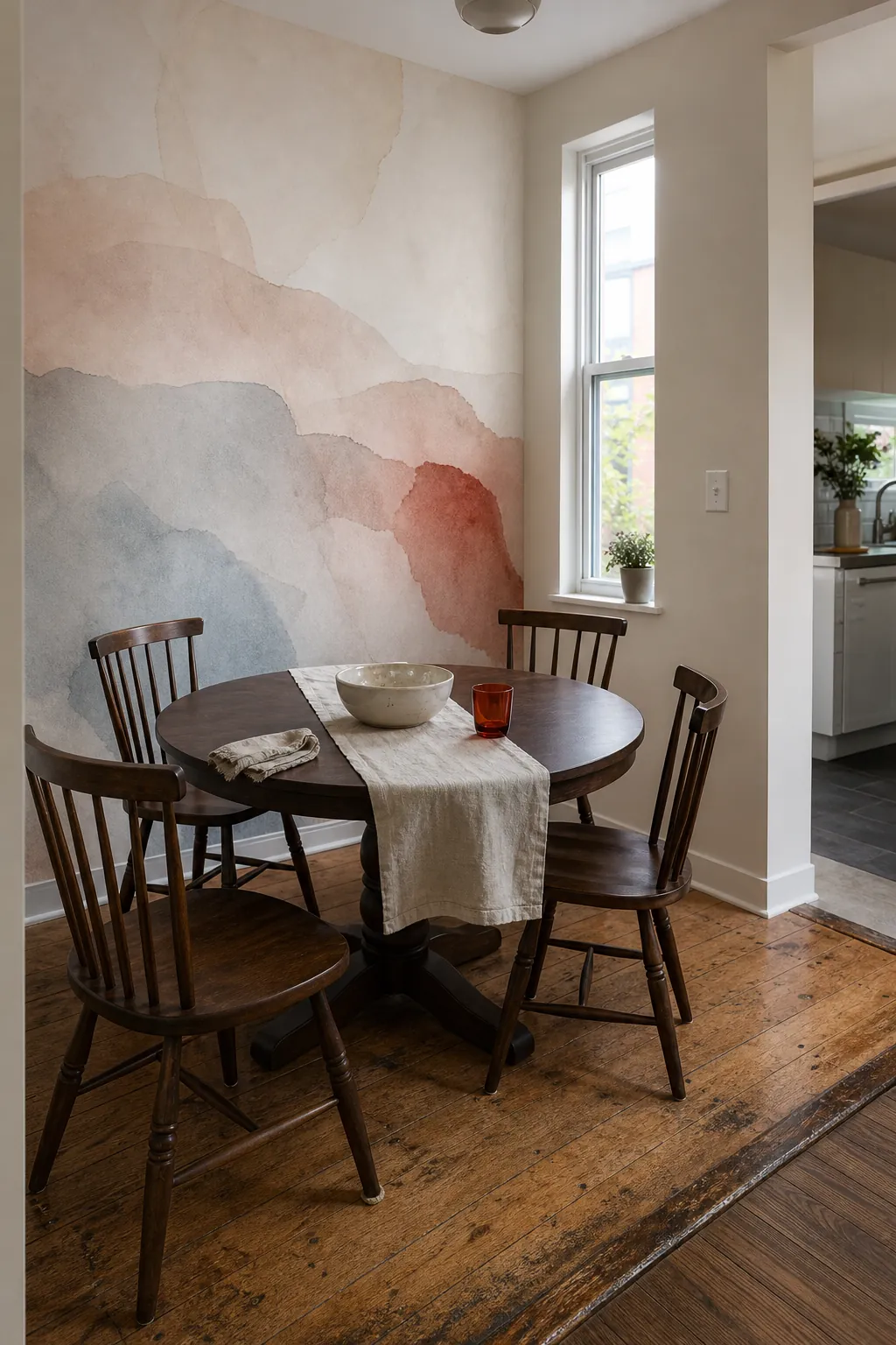 Subtle color wall mural paired with warm off-white adjacent walls and grounded neutral furnishings