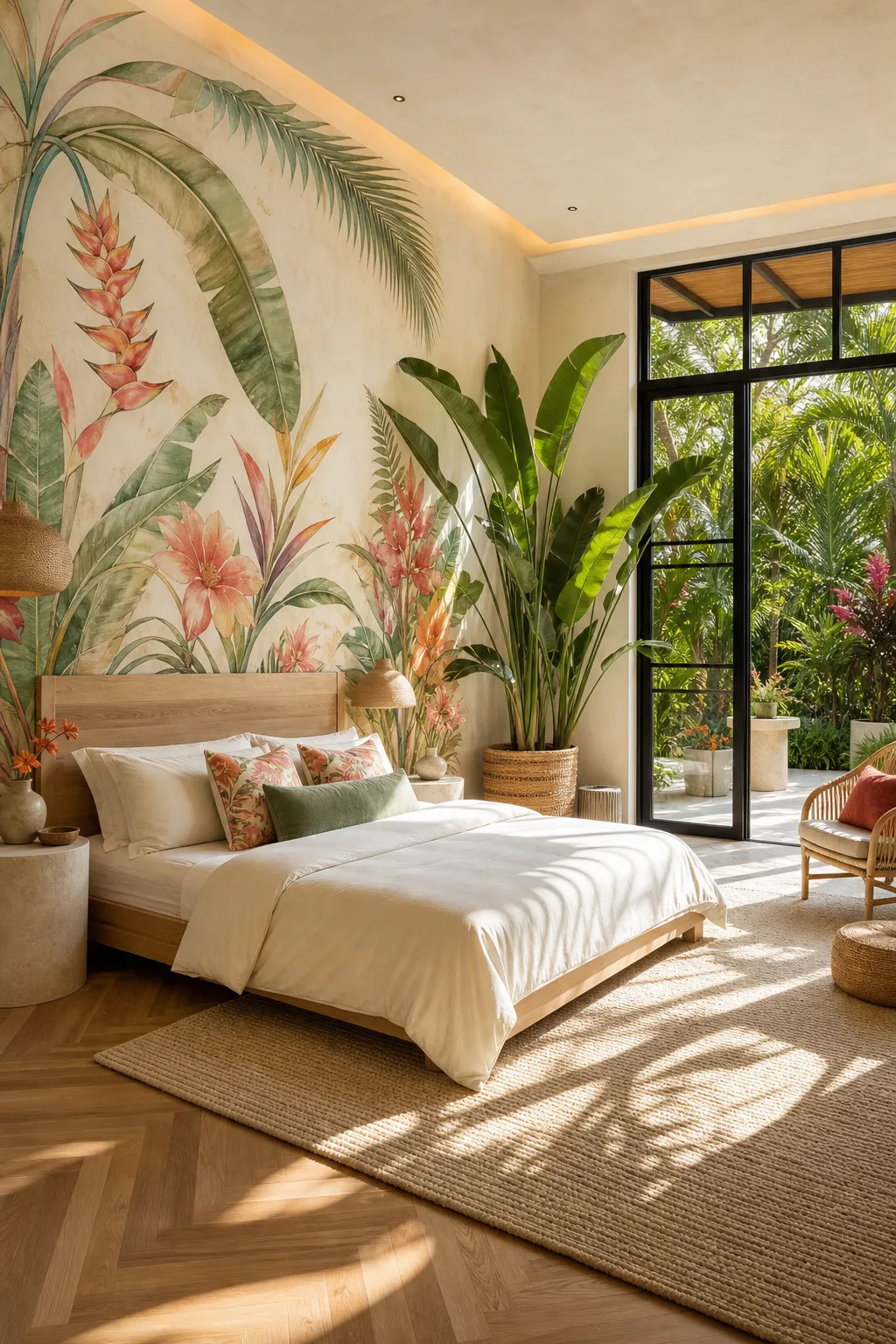 Bright tropical bedroom inspired by colorful bird-of-paradise flowers