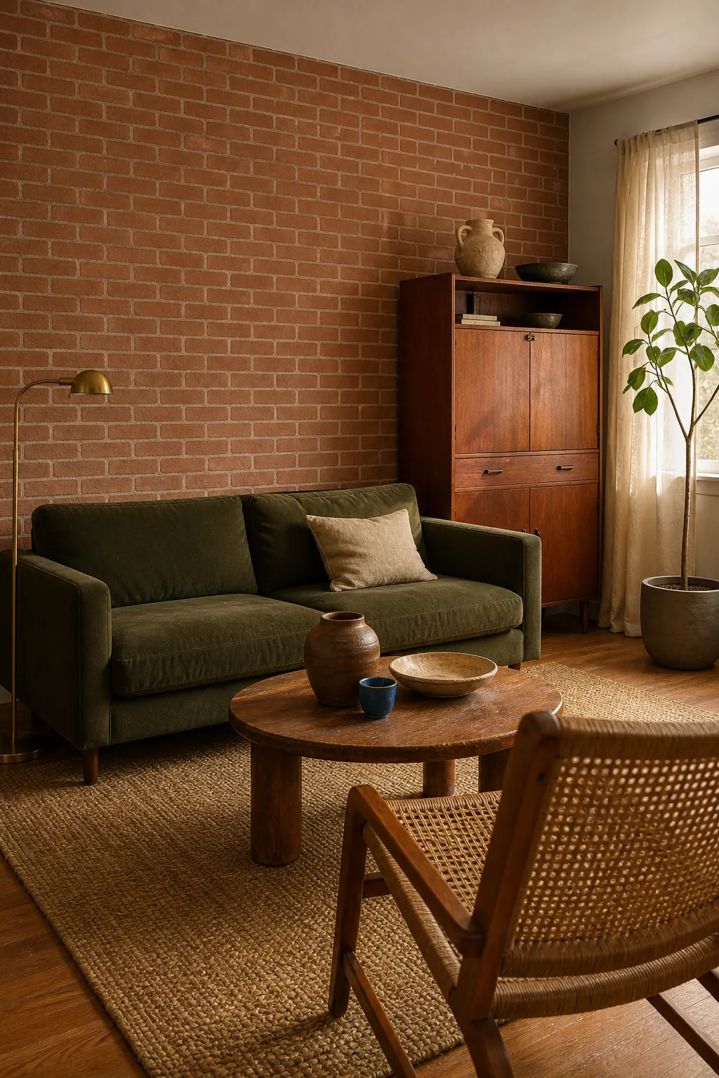 Muted terracotta brick wallpaper with olive and vintage living room decor
