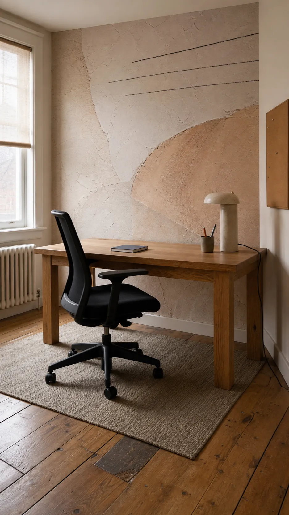 Textural clay neutral abstract wallpaper mural in a warm home office