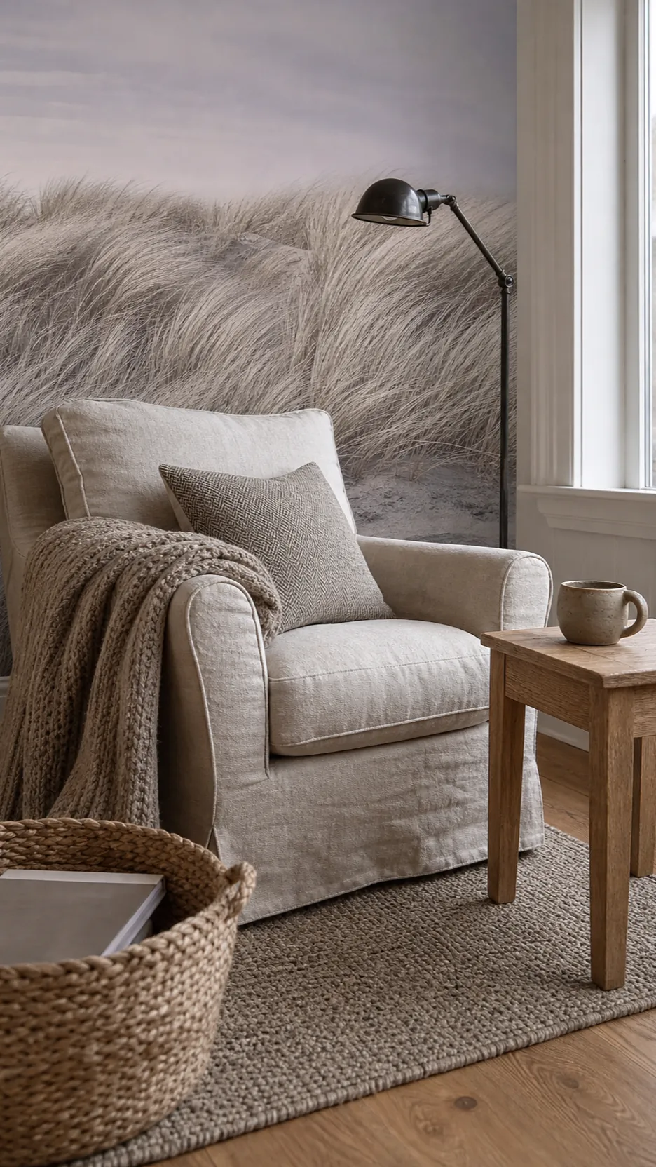 Linen wool oak and jute textures in a neutral coastal living space