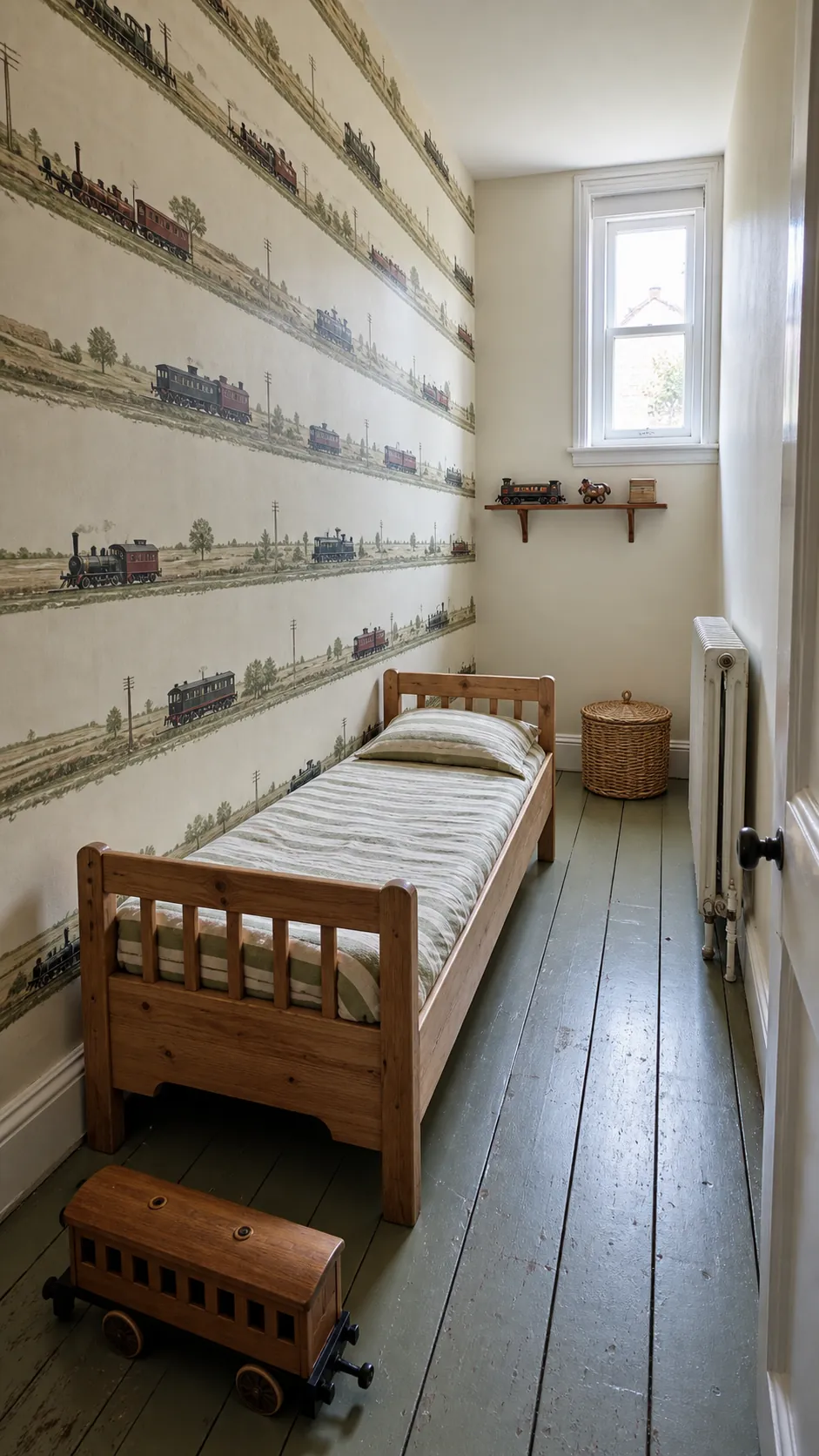 Narrow toddler bedroom with classic train wallpaper