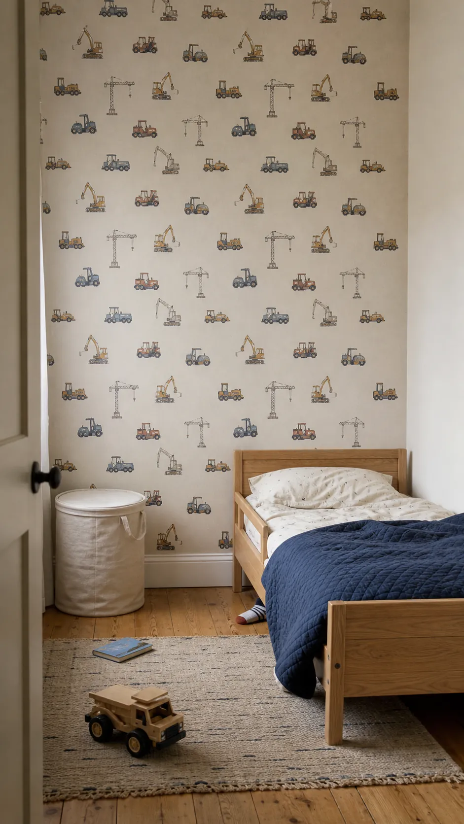 Toddler boy bedroom with gentle construction vehicle wallpaper