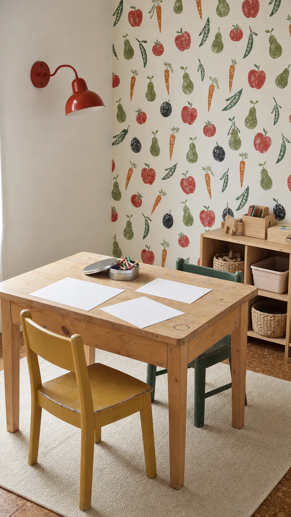 Cheerful toddler craft corner with fruit and vegetable wallpaper