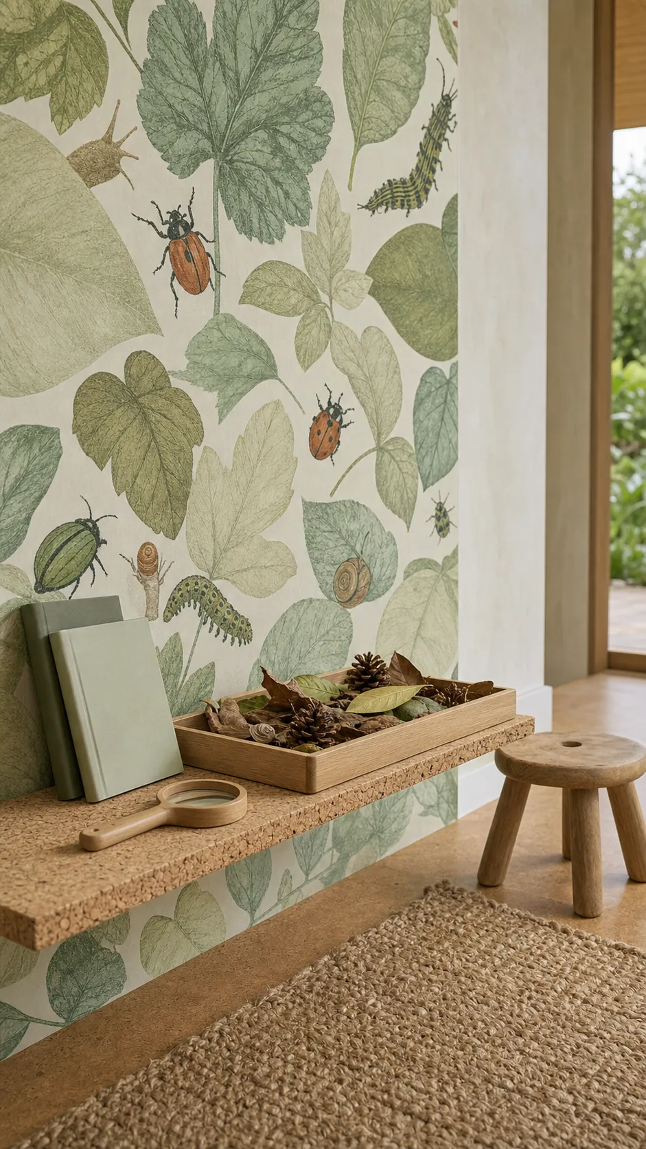 Nature-inspired toddler room with garden bug and leaf wallpaper